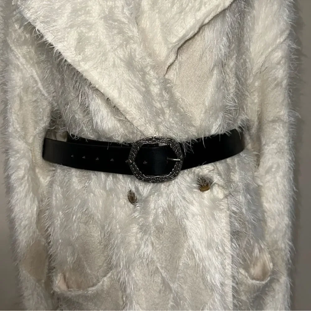 free people M/L Black Silver Tone Buckle Genuine Buff Leather Belt
